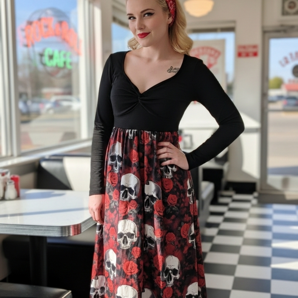 💀🌹 Vintage Vibes: Skull & Rose Rockabilly Midi Dress